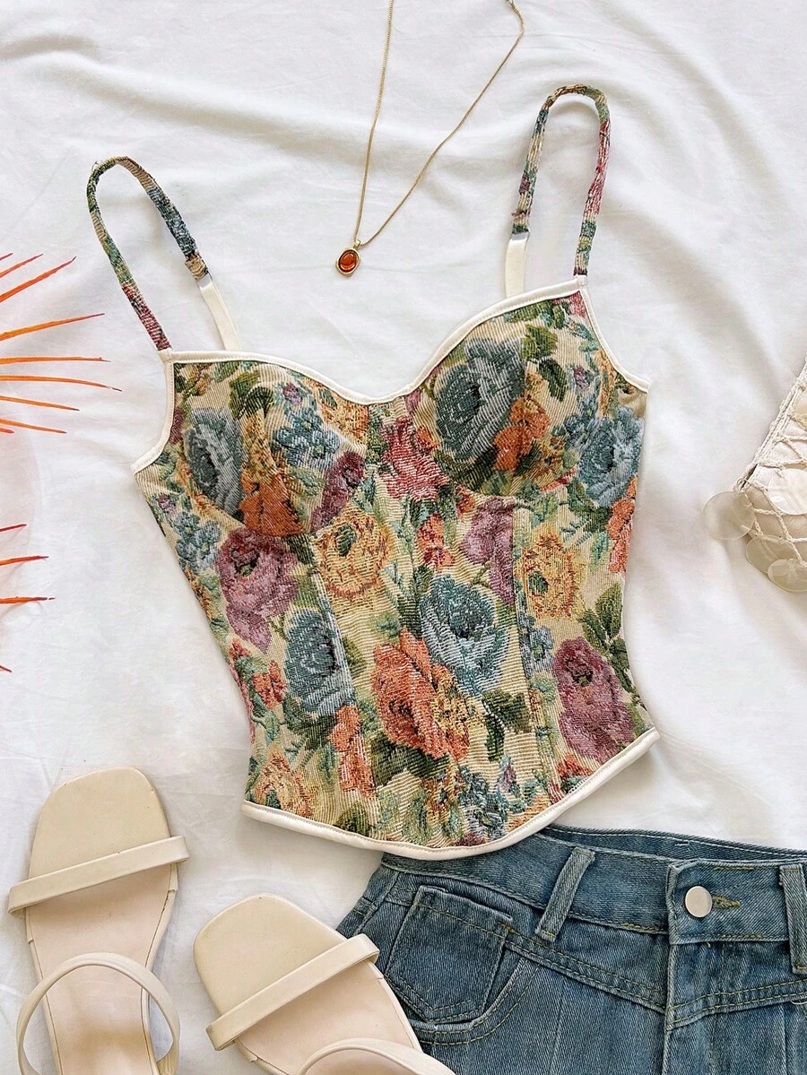 Soleia Camiseta de tirantes cruzados de jacquard elegante para mujer en verano - Multicolor - Ver 1