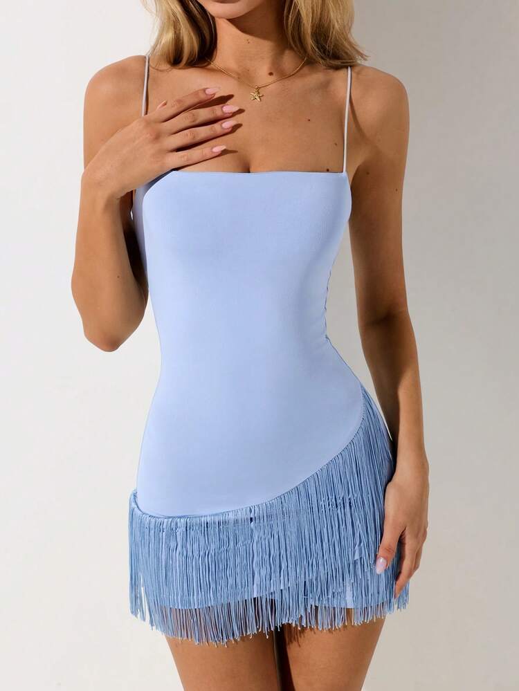 SHEIN ICON Women's Fringe Hem Camisole Mini Dress Blue Fringe Dress Short Dress Vacation,Summer Dress,Vacation Dress - Baby Blue - View 5