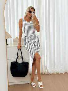 Easowa Women's Black And White Striped Side Knot Sleeveless Casual Coastal Chic Dress Ladies Zanzea Women Cute Summer New Arrival Bodycon Vacation - Black and White - View 5