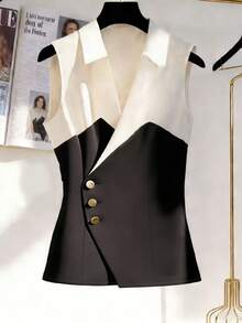Franclia Damen Kontrast-Farbe Einreihige Ärmellose Lässiges Elegantes Hemd - Schwarz und Weiss - Übersicht 4