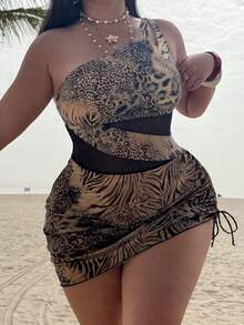 Swim Lushoire Plus Size Women's Swimsuit With Mesh Patchwork, Solid Black Color, Ruched Triangle Bottom - Black - View 3