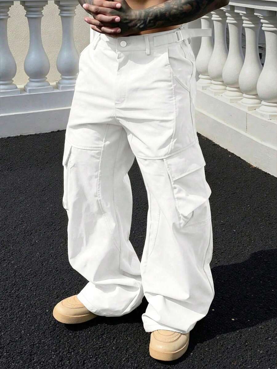 Manfinity LEGND 男士美式直筒宽松纯色多口袋休闲工装卡其裤，修身显瘦，工装裤，卡其裤，情人节男士 - 白色 - 查看 1