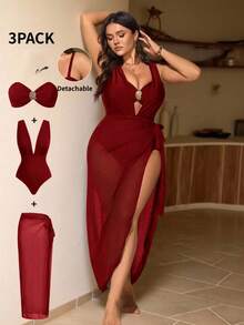 Swim Chiccia Plus Size 3 PiecesElegant Brown Metal Buckle Decorated One-Piece Swimsuit, Can Be Worn Separately With Outfits, Suitable For Party And Holiday - Red - View 1