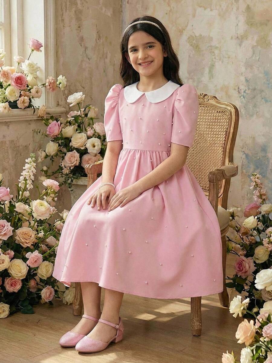 Robe élégante à col et manches bouffantes courtes avec décoration de perles, pour jeune fille en déplacement - Rose bonbon - Voir 1