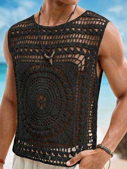 HIMLAND Men's Hollow Out Round Neck Sleeveless Knit Top, Vacation Wear ,Retro Crochet Knit Tank ,Men's Black Crochet Knit Sleeveless Shirt ,Summer Beach Boho Hippie Festival Tank ,70s Retro Vintage Hollow Out Vest ,Sexy Sheer Geometric Pattern Top Men ,Casual Vacation Streetwear Crochet Shirt ,Coachella Outfit Ideas For Guys ,Breathable Open Knit Muscle Tank ,Men's Crochet Knit Tank Top ,Hollow Out Sleeveless Beach Vest ,Sexy Sheer Boho Festival Summer Shirt ,Beach Vacation Shirt ,Men's Crochet Tank Top ,Hollow Out Knitwear ,Boho Style Men's Top