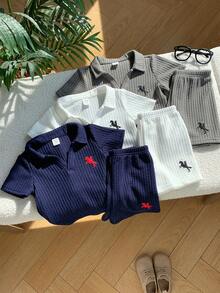 SHEIN 6件套男女宝宝休闲日常针织衫套装，Polo领短袖针织上衣和短裤套装，春夏男宝宝服装，套装 - 彩色 - 查看 3