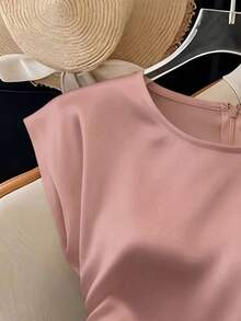 Franclia Women's Elegant Round Neck Waist Fitted Pleated Short Sleeve Versatile Solid Light Peach Blouse - Rusty Rose - View 3