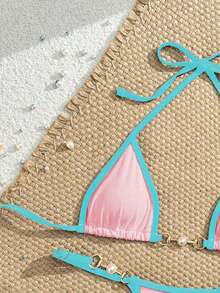 Swim Mod Bãi biển mùa hè Binding Trim Pearl Decor Chuỗi liên kết Halter Micro Bra Bikini - Màu Hồng baby - Xem 5