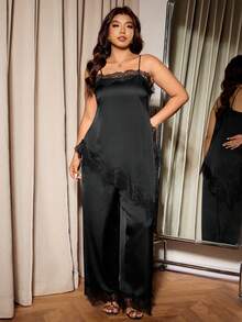 Elaquor 大码两件套，优雅缎面两件套，黑色套装，优雅西装，无袖不对称下摆吊带背心和黑色阔腿裤，领口和下摆饰有蕾丝花边，性感优雅套装 - 黑色 - 查看 8