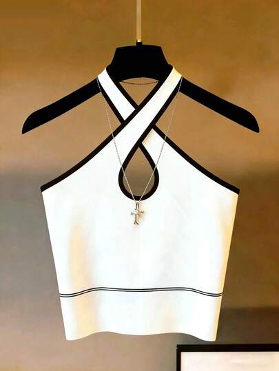 Franclia Women's Vests Can Be Worn As Outerwear. A White, Openwork Halter-Neck Top With Black Trim. Beach Vacation Wear, Cute And Elegant Lingerie, Suitable For Autumn/Autumn Women's Clothing, Winter Clothing, Tops For National Day And New Year Outings, Elegant And Stylish Everyday Commuting Wear, Office Casual Wear, Versatile And Sophisticated, Urban Style, Teacher's Professional Attire, Women's Beach Wear, Women's Elegant Suits, Women's Casual Tops, Women's Vacation Wear, Women's Beach Vacation Wear, Women's Social/Formal Tops, Formal Shirts, Women's Formal Wear, Y2K Style Tops, Women's Commuting Wear, Social/Workplace Tops, Women's Office Wear, Women's Office Attire, Women's Graphic T-Shirts, White Tops, Black Tops, Women's Elegant Tops.Graduation Season Attire, Fashionable Casual Commuter Wear, Business Office Wear, Versatile And Stylish Everyday Casual Wear, Urban Teacher's Professional Attire