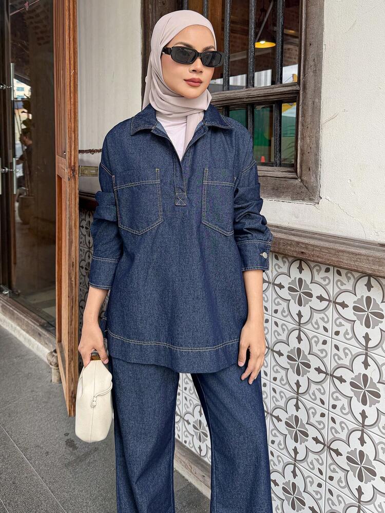 Women's Casual Top And Jeans Set