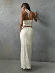 Aloruh Bộ đồ 2 món thanh lịch cho kỳ nghỉ: Áo hai dây hở lưng màu mơ và chân váy suông. - Màu be - Xem 3