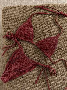 Swim Vcay Bộ bikini hai mảnh màu xanh lá cây lấp lánh, dây mảnh, hở lưng, buộc dây bên hông, cạp cao, thích hợp cho mùa Xuân/Hè 2026, dành cho người có tầm ảnh hưởng. - Đỏ - Xem 5