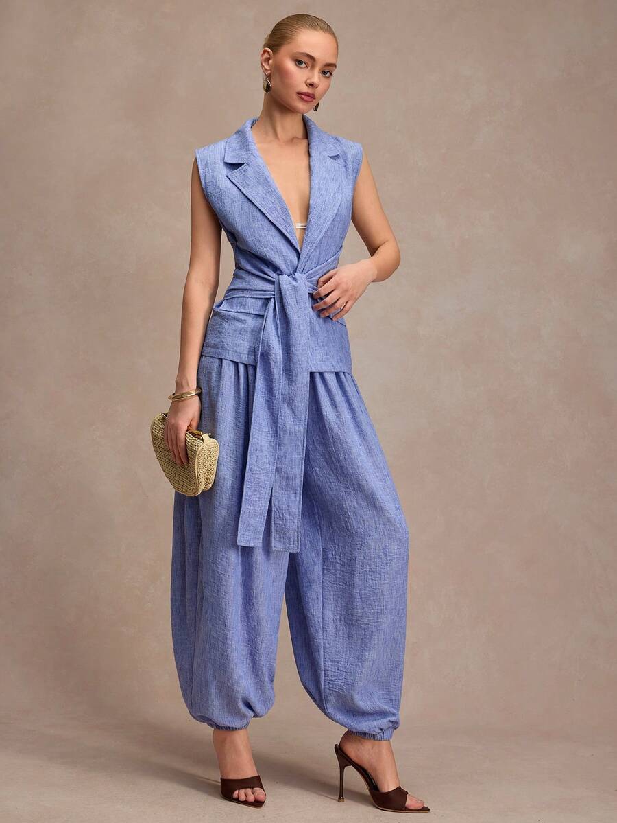 CLARA VERO Bộ áo vest cổ ve có thắt lưng và quần ống phồng, dáng rộng, phù hợp cho trang phục thường ngày cuối tuần, du lịch hoặc phong cách đường phố, làm từ vải không co giãn kiểu linen 100% polyester, quần áo linen cho nữ, giảm giá, trang phục kỳ nghỉ Zante, bộ đồ Yrack cho nữ, Zanea cho nữ tập yoga - Màu xanh lam - Xem 1