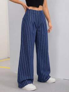 SHEIN ICON Celana Jeans Wanita Bergaris Lipit Kasual Serbaguna untuk Pemakaian Sehari-hari, Potongan Lebar - Biru - View 5