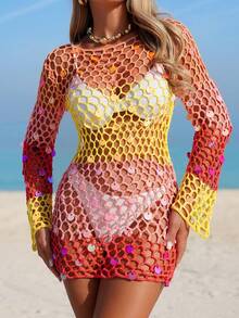 Swim Vcay 女式彩色串珠亮片网眼罩衫连衣裙，圆领长袖钩针沙滩度假连衣裙 - 彩色 - 查看 5