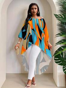 SHEIN Lady 2025春夏新款优雅通勤办公休闲波西米亚风彩色编织圆领高低摆七分袖大码T恤大码衬衫波西米亚风上衣工作上衣沙滩度假优雅女式上衣波西米亚风 - 橘色 - 查看 6