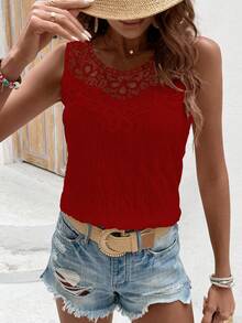 Breezaya 度假休闲纯色蕾丝拼接无袖衬衫 - 紅色 - 查看 3