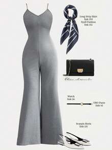 Franclia 女士时尚通勤纯色露背连体裤 - 灰色 - 查看 8