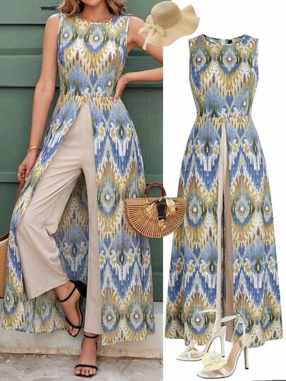 Ellevyn Mono largo elegante de vacaciones con estampado para mujer