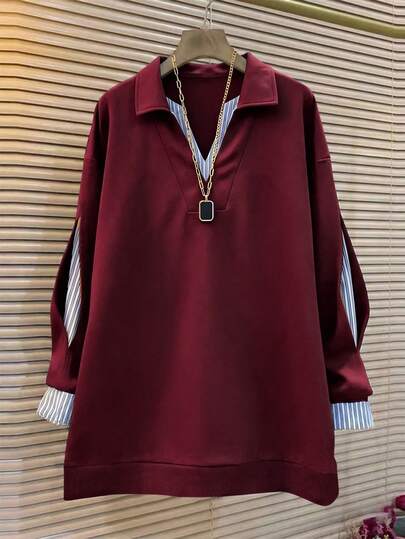 Franclia Plus Size Women Striped Patchwork Drop Shoulder Long Sleeve Sweatshirt