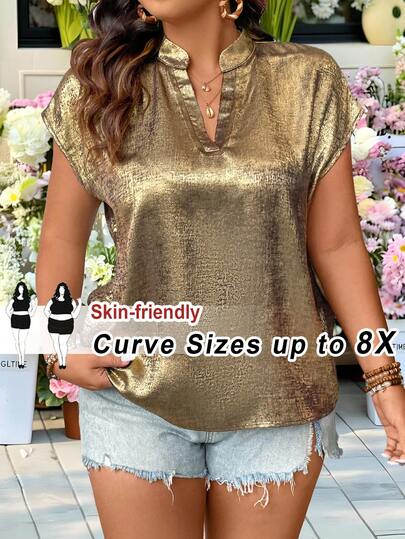 SHEIN CURVE+ Plus Size Women V-Neck Metal Texture Casual Vacation Everyday Blouse V Neck Blouses For Women Metallic Clothes For Women Plus Size Women Clothes Blouse Gold Tops For Women, Summer Tops