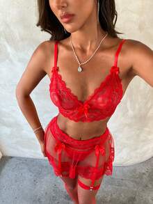 Aloruh Conjunto de 5 piezas de lencería sexy para mujer con contraste de encaje y malla (sujetador sin aros, tanga, media falda, 2 pares de medias de malla) Lencería nupcial para salir, look de chica mala - Rojo - Ver 6