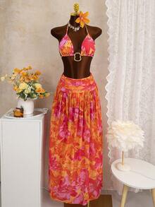 Bonvoyette 3pcs/Set Spring Break Random Print Colorful Triangle Halter Sexy Elegant Vacation Bikini Set With Irregular Metal Ring And Long Mesh Beach Dress, Women Swimwear - Multicolor - View 2