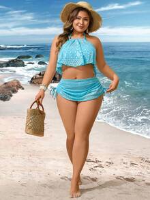 Swim Lushoire Plus Size Women Geometric Pattern Casual Beach Halter Tie Tankini Swimwear Bottom - Dark Green - View 4