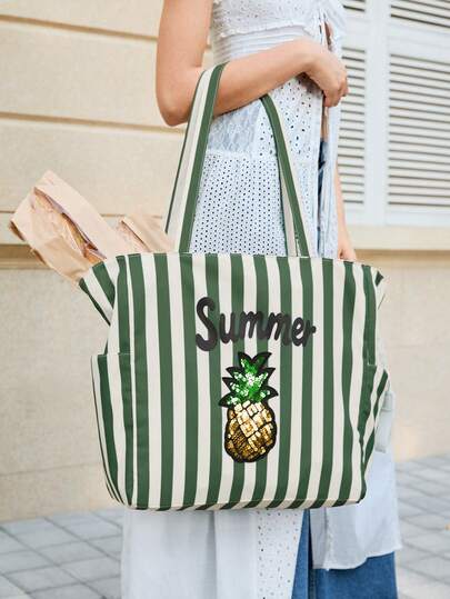 Viva Strut 1件装女士时尚街头休闲甜美大容量轻便亮片菠萝图案手提包，适合购物、日常出行、运动、上学、海滩、度假、假日、夏季、海边等场合。