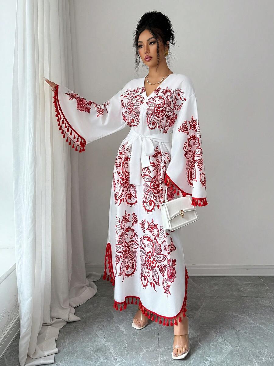 Elenzga Eastern European Retro Print Red & White Contrast Fringe Trim V-Neck Cinched Waist Maxi Dress, Vacation Style - Red and White - View 1