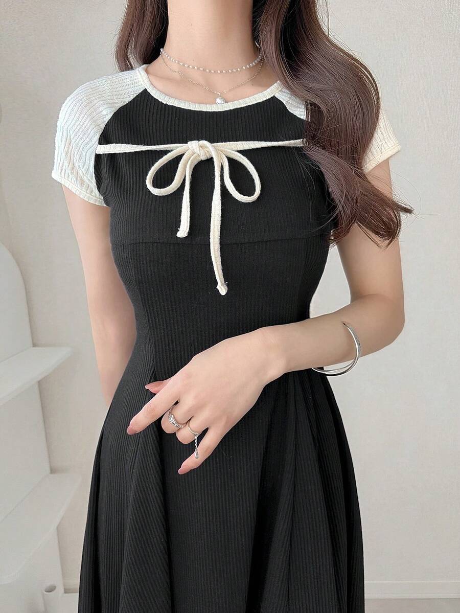 FRIFUL Women's Round Neck Bow Tie Front Raglan Sleeve Dress, Sweet Summer Style - White - View 1