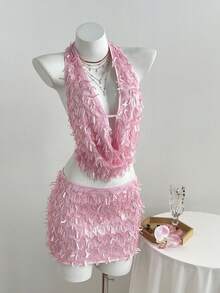 Elamini Sexy Crop Top With Plunging V-Neck And Backless Design, Paired With Bodycon Mini Skirt, Suitable For Spring/Summer - Pink - View 1