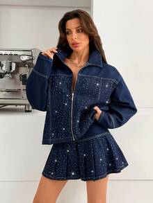 SHEIN Women Rhinestone Embroidered Jacket & Pleated Mini Denim Skirt Two Pieces Set - Dark Wash - View 3