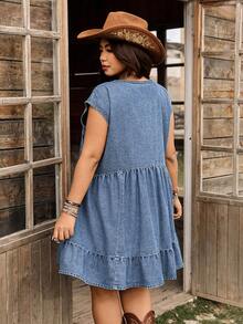 Breezaya Đầm denim cổ chữ V gợi cảm dành cho nữ cỡ lớn - Màu xanh lam - Xem 2