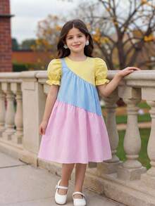 SHEIN 年轻女孩撞色编织圆领羊腿袖休闲连衣裙 - 彩色 - 查看 4