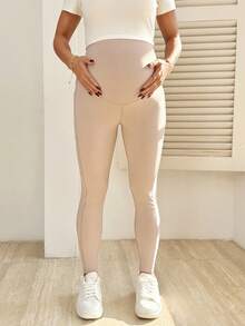 SHEIN 孕妇可调节腰带口袋休闲打底裤 - 卡其色 - 查看 3