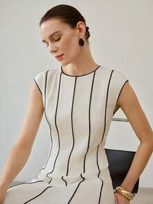MOTF PREMIUM LINEN BLACK PIPING SLEEVELESS ELEGANT CASUAL DRESS - Beige - View 6