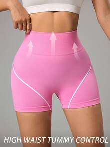 Sovereign Charm Pantalones cortos deportivos casuales de mujer con cintura alta y rayas de contraste - Rosa - Ver 2