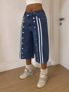 StreetHx Women's Fashionable Casual Sports Style Wide Leg Straight Jeans - Dark Wash - View 6