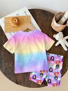 SHEIN 女婴休闲卡通字母印花短袖T恤和短裤套装，适合夏季日常穿着 - 彩色 - 查看 3
