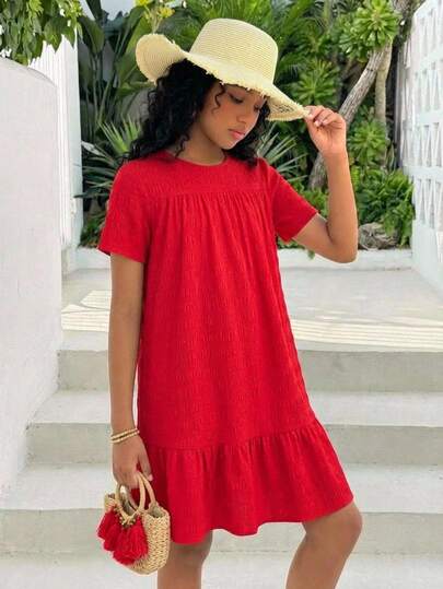 SHEIN Teen Girls Red Solid Textured Chiffon Ruffle Hem Casual Vacation Midi Dress