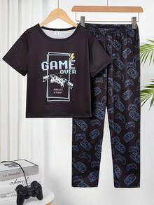 2件套青少年男童极简时尚游戏元素印花短袖上衣搭配经典游戏手柄印花宽松牛奶丝针织裤家居服套装 - 彩色 - 查看 9