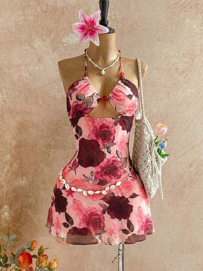 Roelina 女士印花镂空性感露背连衣裙