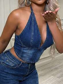 SHEIN ICON Women's Sexy Backless Halter Neck Denim Blouse For Summer - Dark Wash - View 4