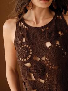 Anewsta 女士纯色圆领镂空休闲百搭日常上衣 - 棕色 - 查看 3