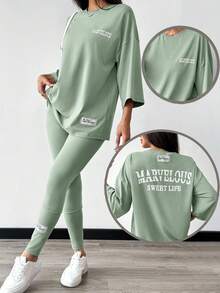 Mulvari 2pcs Women Letter Print Long Sleeve Top And Skinny Leggings Set - Green - View 1