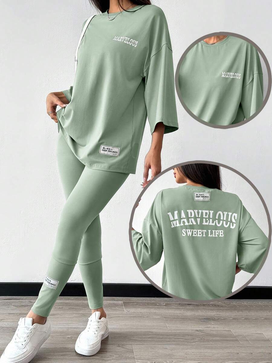 Mulvari 2pcs Women Letter Print Long Sleeve Top And Skinny Leggings Set - Green - View 1