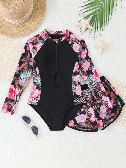 SHEIN 少女碎花连体泳衣，带短裤，长袖，夏威夷图案，前拉链，含遮羞短裤，可爱Y2K风格，适合游泳、冲浪、度假、海滩、春假、新年等场合。