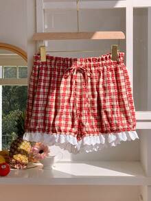 SHEIN EZwear 红色格子梭织女式短裤 - 紅白色 - 查看 7